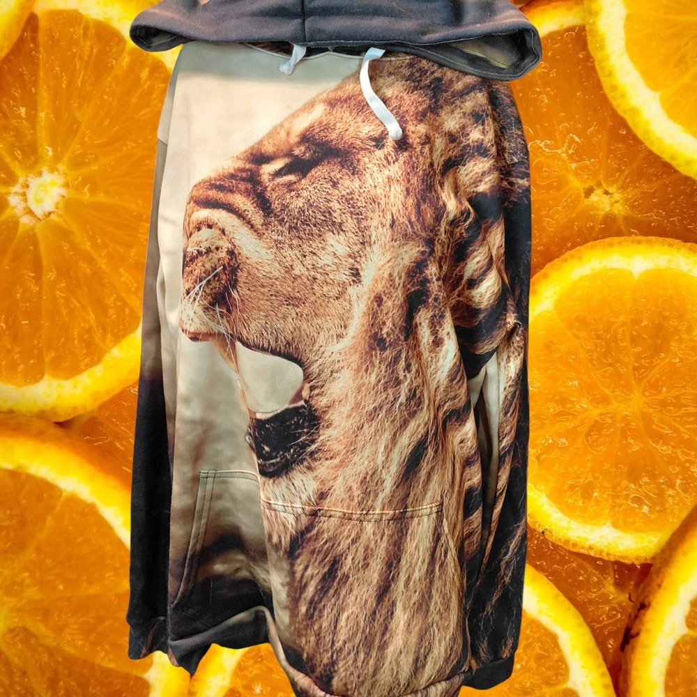 Beloved 3XL Lion Graphic Hoodie Full Print Orange Black Warm‎ Casual Streetwear